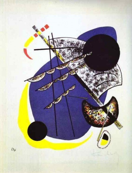 Pequeños mundos II.Litografía 1922 en color,4 piedras:amarillo,rojo,azul y negro.33x28cm. Legado de Nina Kandinsky.