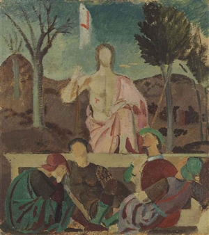 Copia de Piero della Francesca. Resurrección 1926. Óleo sobre lápiz sobre tabla 31x28cm.Colección particular.Blathus emprendió un viaje d formación a Italia para estudiar a los grandes del Renacimiento.Armonía cromática y distrib. personajes.