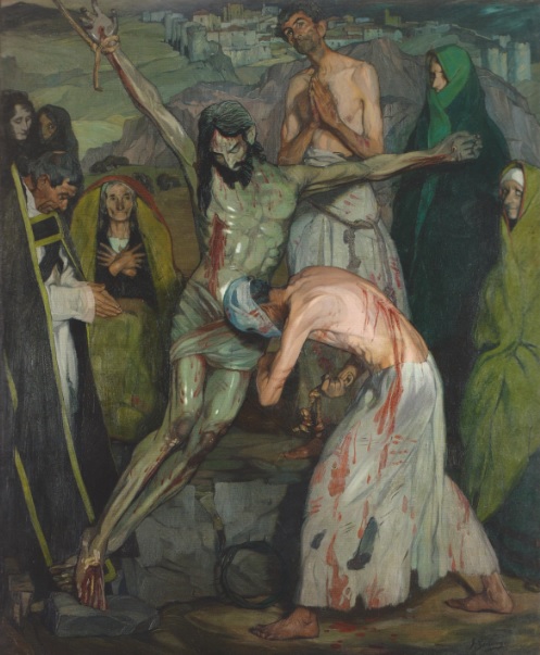 Zuloaga. Los flagelantes 1908. Obra sombría representa un momento de procesión de Semana Santa, donde los cristianos se flagelan,atmósfera irreal que potencia el efecto y dos triangulos que flanquean la figura descentrada de Cristo.