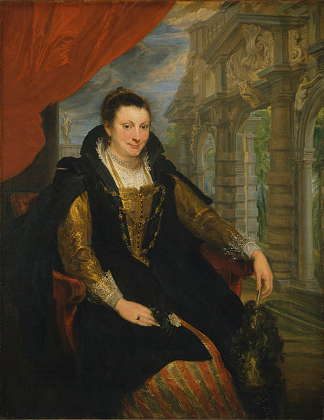 Van Dyck.Isabella Brant contrajo matrimonio con Rubens en 1609, pero enviudó pronto pues murió de peste. Composición veneciana que trasluce simpatía, mujer cultivada y amante del arte