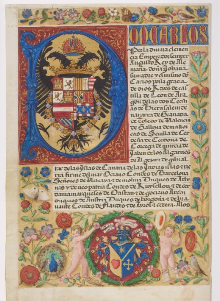 Carta ejecutoria de hidalguía. Es frecuente encontrar estos manuscritos ilustrados con retrato del monarca, su escudo de armas y una escena religiosa, flores y pájaros con cenefas...