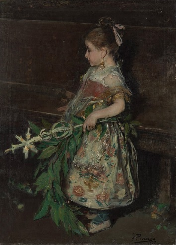 Ignacio Pinazo.Niña valenciana en domingo de Ramos 1899. Destacado pintor de niños.Tradicional palma trenzada,luce grandes pendientes de oro,traje de labradora valenciana con bordado de flores,veraz naturalismo con fondo oscuro.