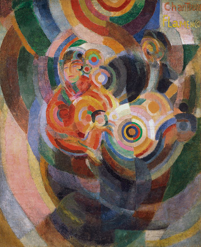 Sonia Delaunay.Cantantes de flamenco.1915-16.Cera sobre lienzo.180x205cm. Mueseo Thyssen,Madrid. Convierte las figuras en ritmos de contrastes simultaneos, le interesó la representación plástica del movimiento.