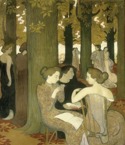 Maurice Denis, Les Muses 1893. 171cmX137.Museo d´Orsey. Mujeres contemporáneas inspiradas en la mitologia griega. Su mujer Marthe Mounier,reproducida de perfil,de espaldas, mientras los viejos castaños ordenan verticalmente el espacio."Bosque sagrado"...