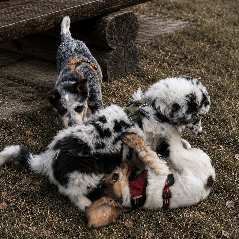 Ein junger Hund liegt spielerisch auf dem Rücken, wärend ein anderer Welpe neugierig Kontakt aufnimmt - soziale Kommunikation im Spiel auf der Wiese. Welpenspiel und Hundekommunikation auf der Wiese- soziales Lernen bei Pinuu Dog Graubünden. 