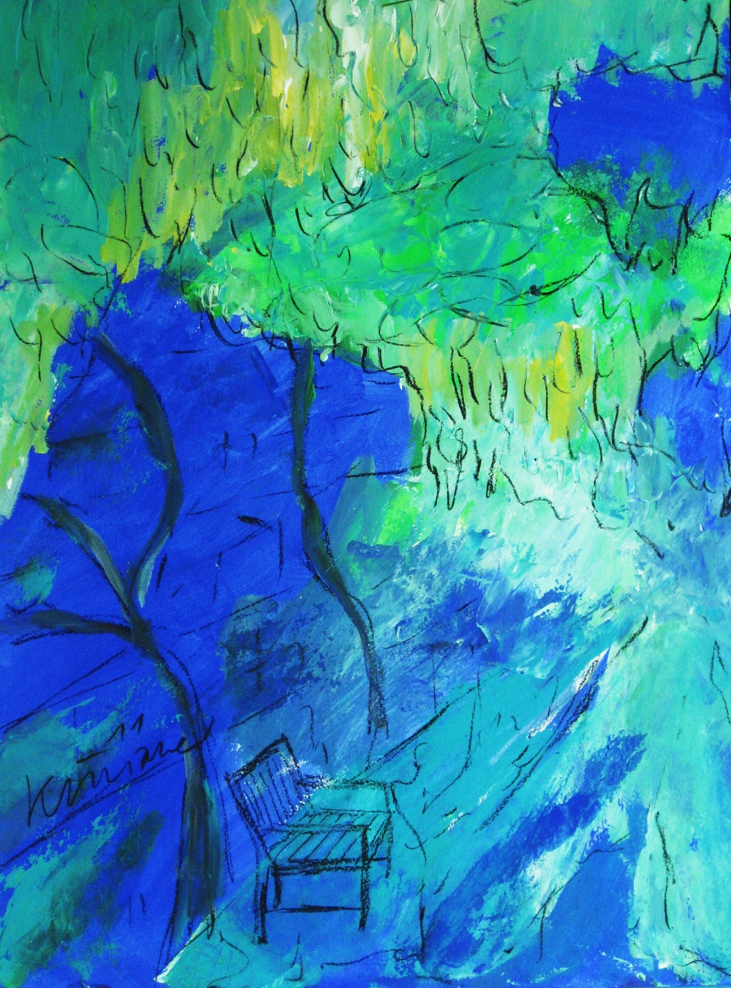 Parkbank, Acryl und Mischtechnik auf Papier, 55x42cm