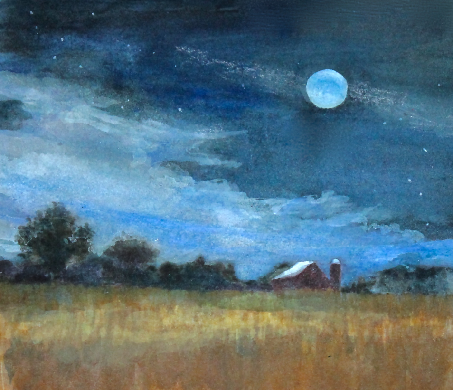 Moonlit Fields- watercolor/mixed media- 7"x5"