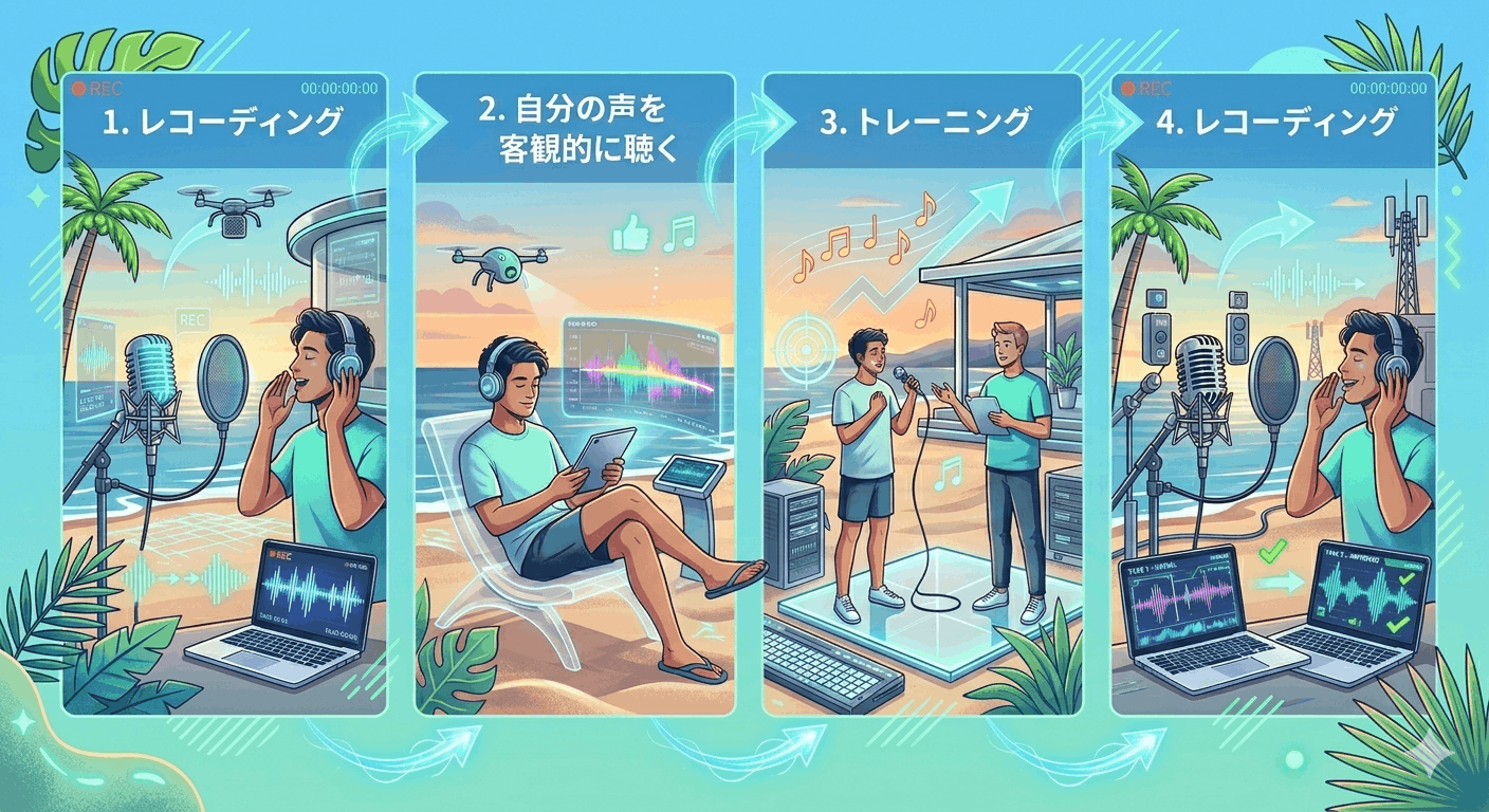 レコーディング ↓ 自分の声を客観的に聴く ↓ トレーニング ↓ レコーディング