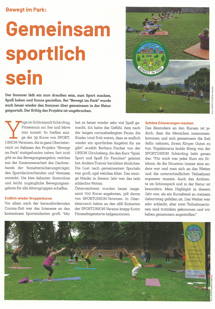 Gemeinsam sportlich sein; Bewegt im Park; Sektion YOGA Sportunion Schärding Isolde König Koenig