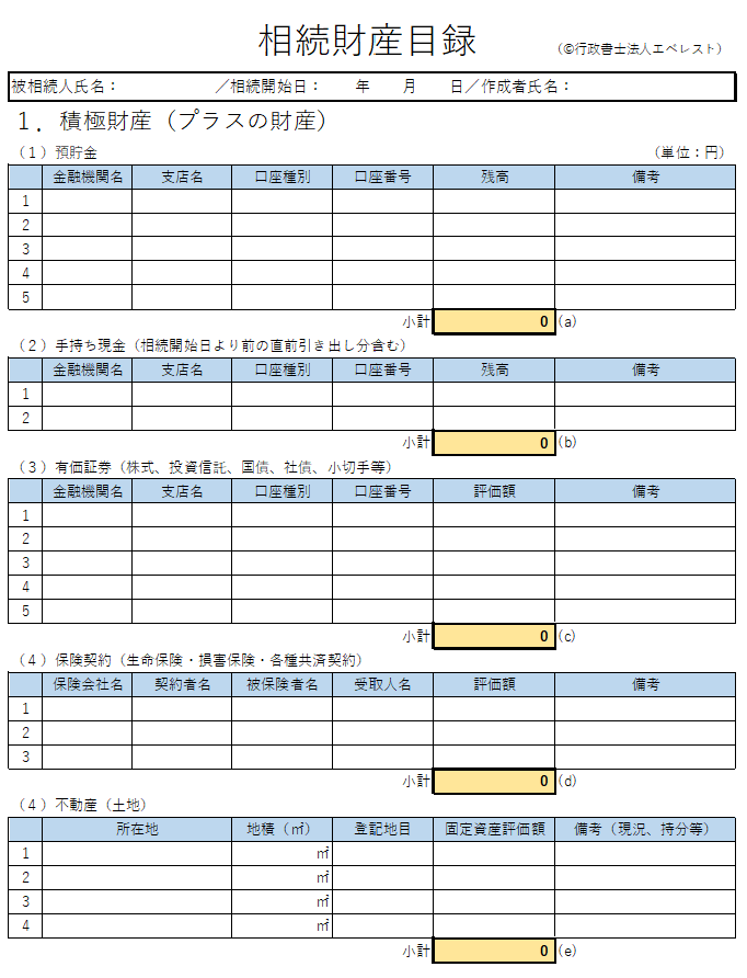 【無料Excelダウンロード可】相続手続きに使用できる！相続財産目録のテンプレート・ひな形・参考様式（Excel版・Word版）』／行政書士法人エベレスト
