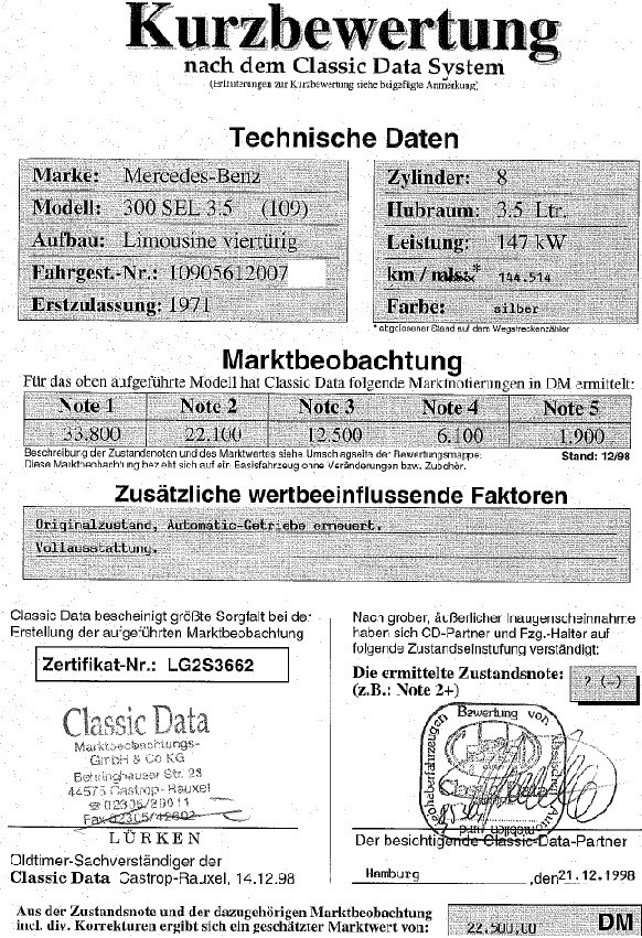 Classic Data Gutachten von 1998 Fahrgetellnummer aus Datenschutzgründen gelöscht
