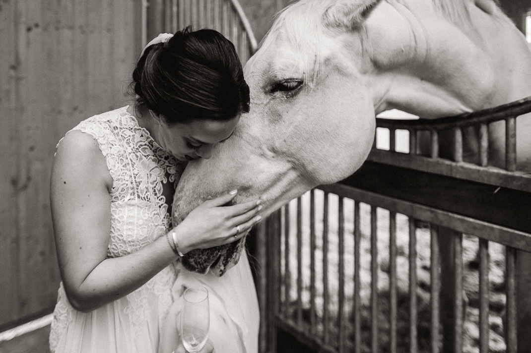 Braut kuschelt mit weißem Pferd auf Gut Thurnsberg.