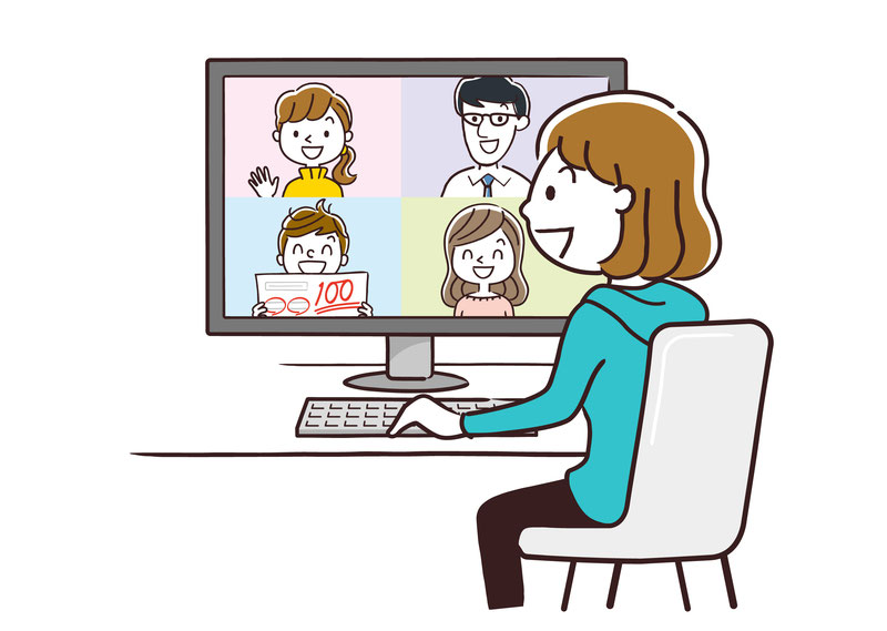 ［イラスト］ノートパソコンでオンライン自主学習をする中学生と画面越しのサポートコーチ