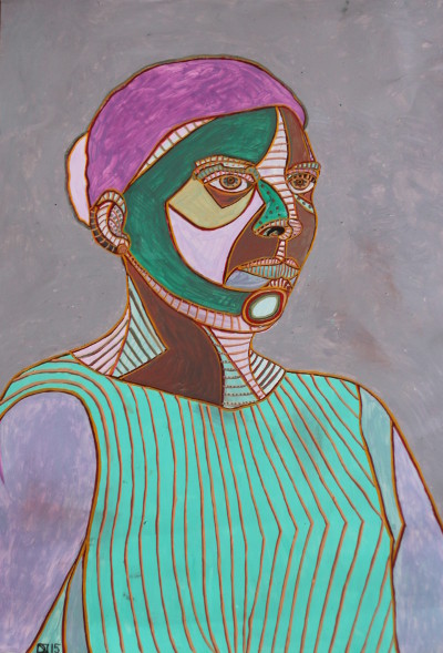 Selbstportrait mit Dutt - 2015, Öl auf Karton, 42 cm x 63 cm