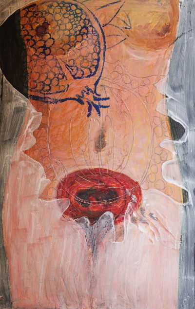 Secret Paintings 1/29: Granatapfel, Mischtechnik auf Spanplatte, 36 x 56 cm