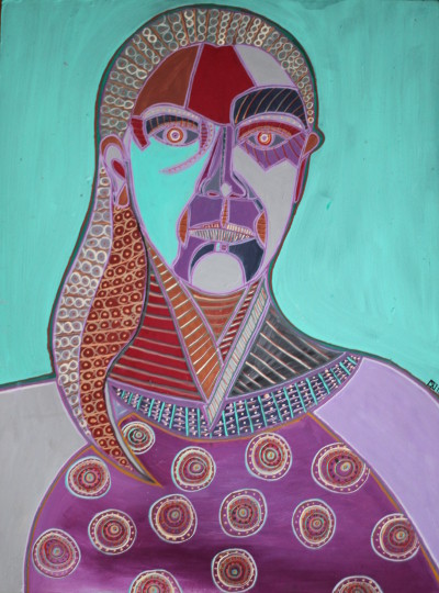 Selbstportrait in Türkis - 2015, Öl auf Karton, 42 cm x 63 cm