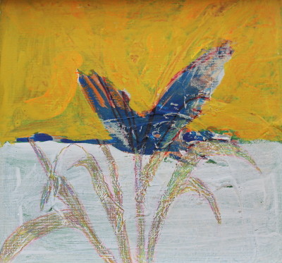 Secret Paintings 7/29: Kranich, Mischtechnik auf Holz, 27 x 27 cm, 2015, Privatsammlung