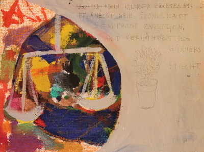 Secret Paintings 24/29: Buchs, Mischtechnik auf Spanplatte, 29 x 39 cm, 2015,  "Nur du, mein kleiner Buchsbaum, pflanzest Dein grünes Haupt Dem Frost entgegen, und verhöhnest Des Winters Macht." Ludwig Heinrich Christoph Hölty
