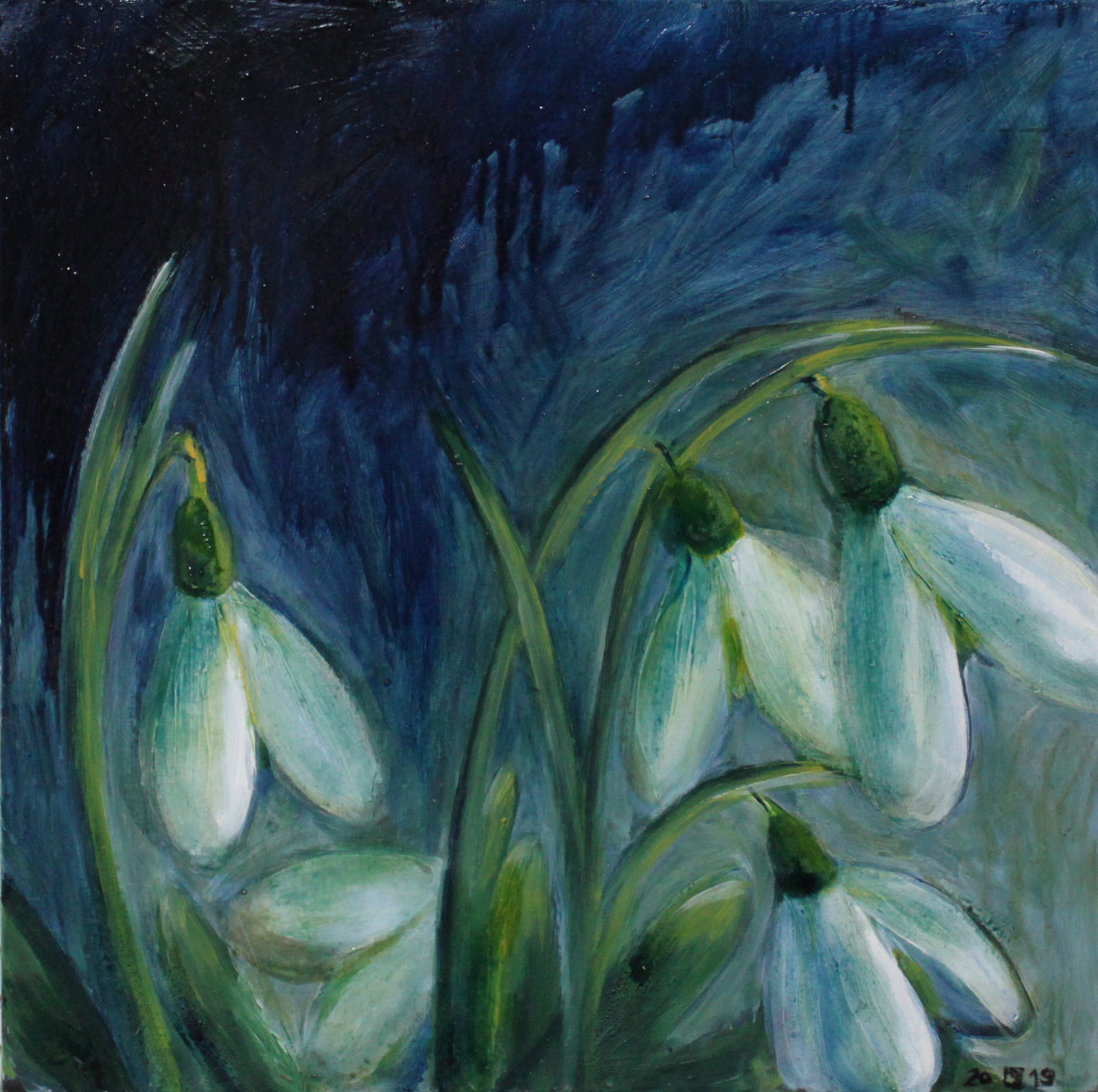 Schneeglöckchen, 2019, Acryl und Öl auf Leinwand, 50 cm x 50 cm x 3,5 cm
