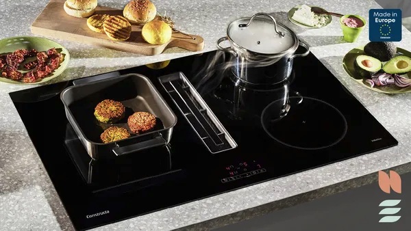 Constructa Induktionskochfeld mit integriertem Dunstabzug, Grillen und Kochen gleichzeitig, modernes Küchendesign.