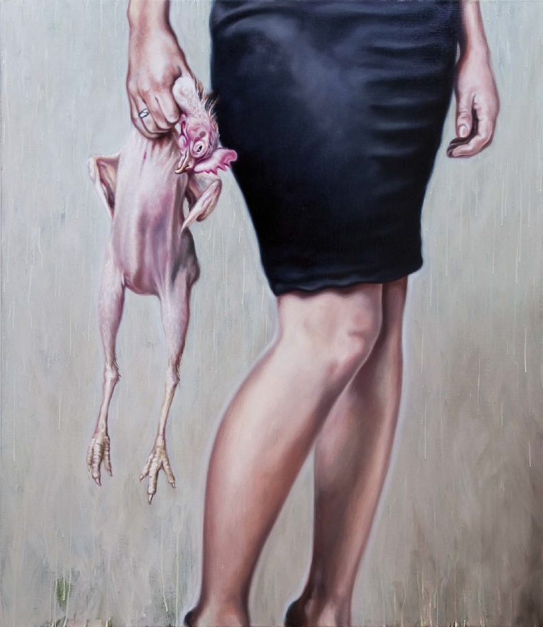 Frau mit Hahn, 150x130cm, Öl auf Leinwand, 2011