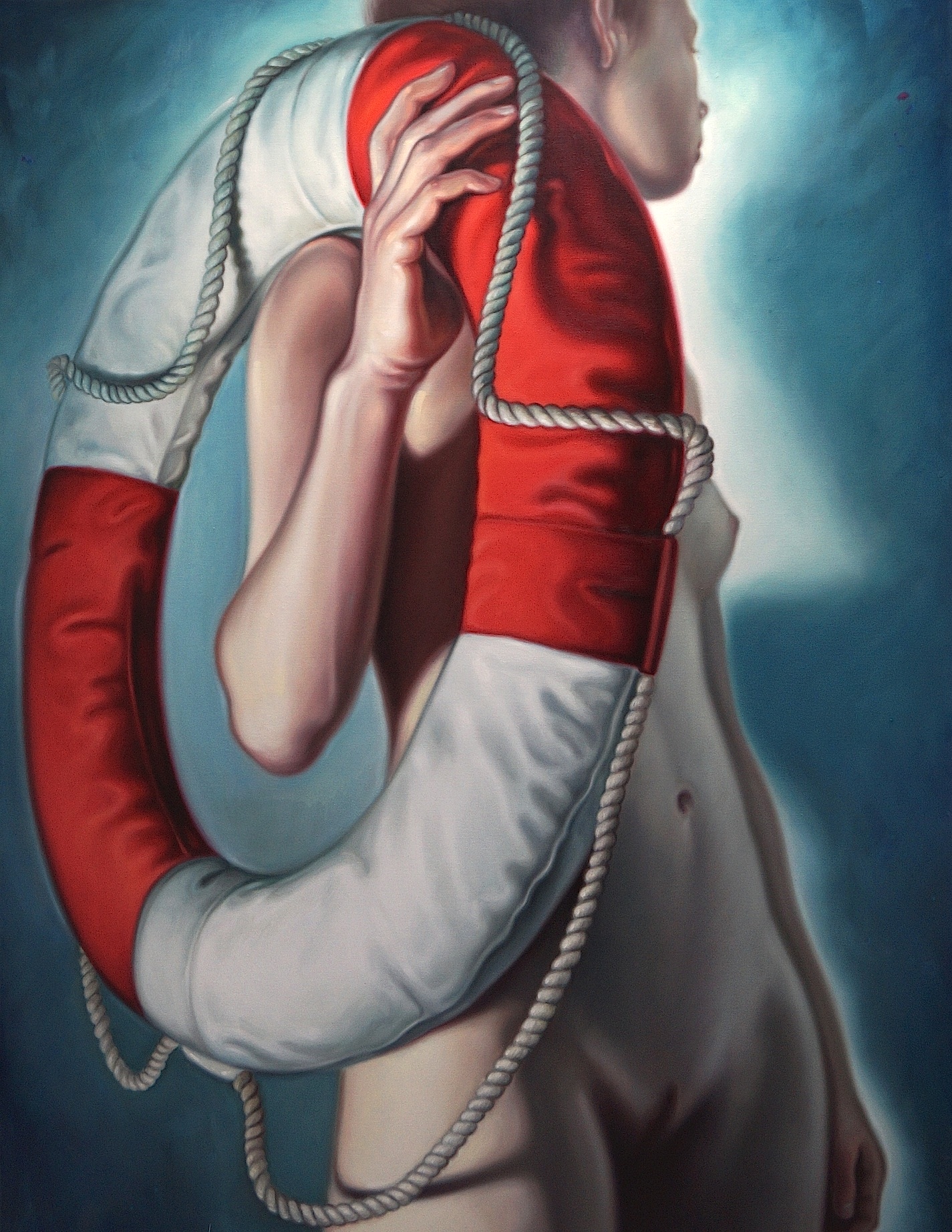 Frau mit Rettungsring, 190x140cm, Öl auf Leinwand, 2017