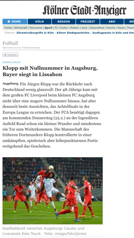 FC Augsburg - FC Liverpool, Kölner Stadtdanzeiger, 19.02.2016