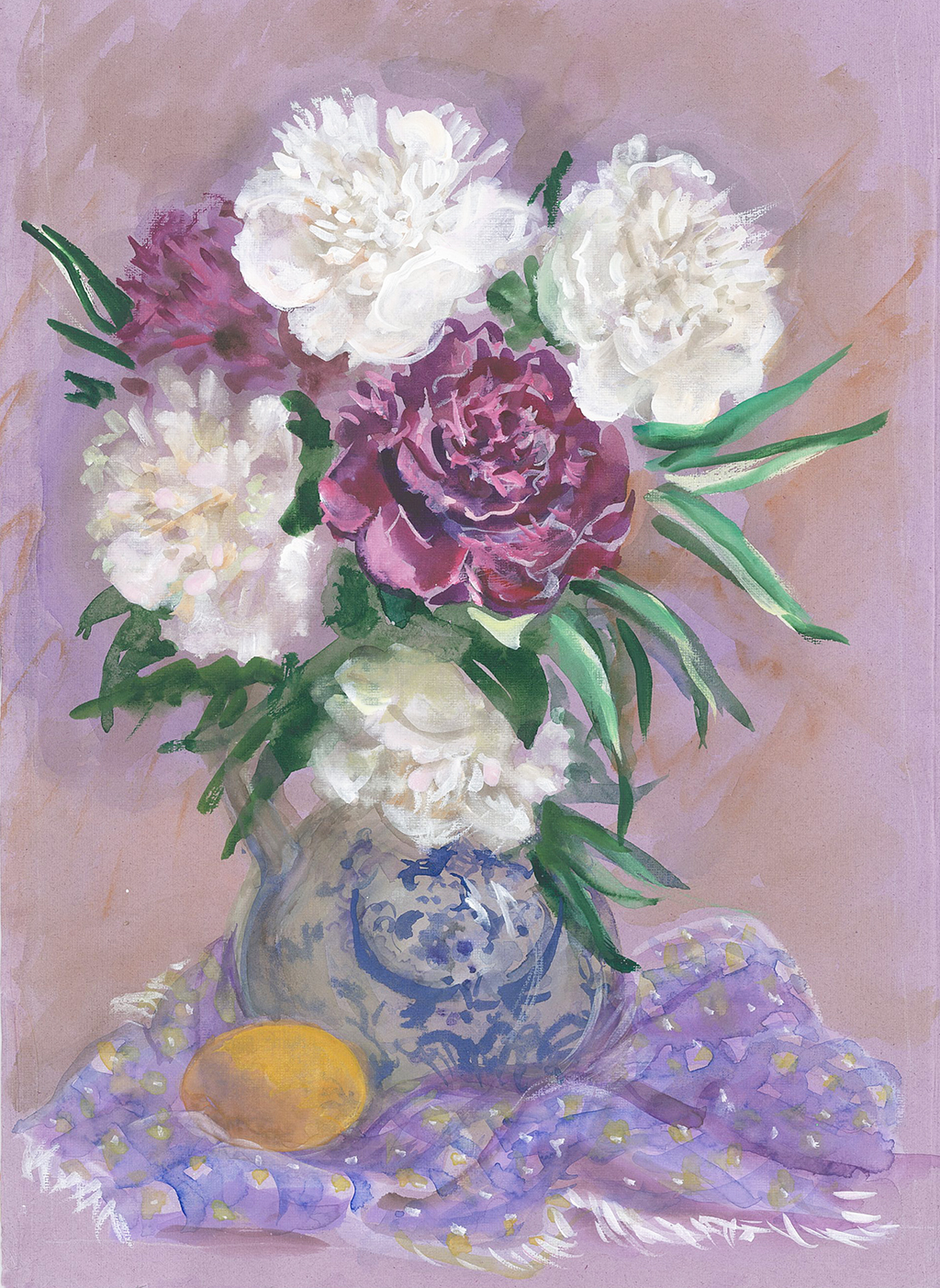 Peony in a vase. 2017.Tinted paper, water color, white.