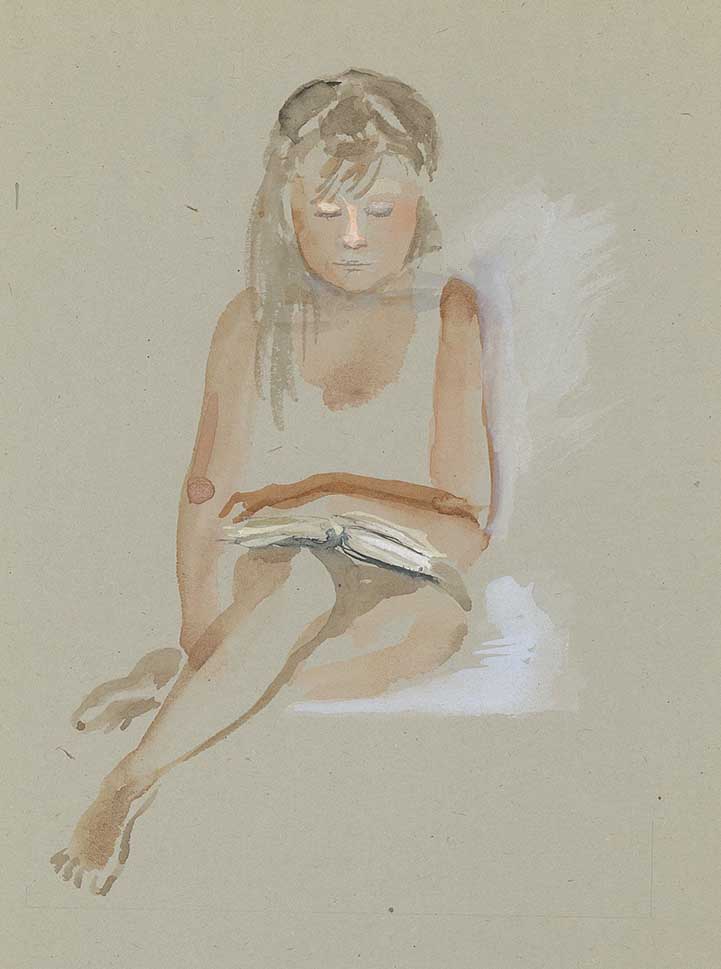 Reading. 1988. Tinted paper, water color, white.