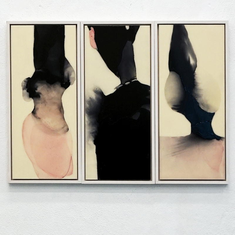 Wucherungen I-III Triptychon,  je 55 x 23 cm, Schellack, Klavierlack, Pigment auf Acryl, 2016