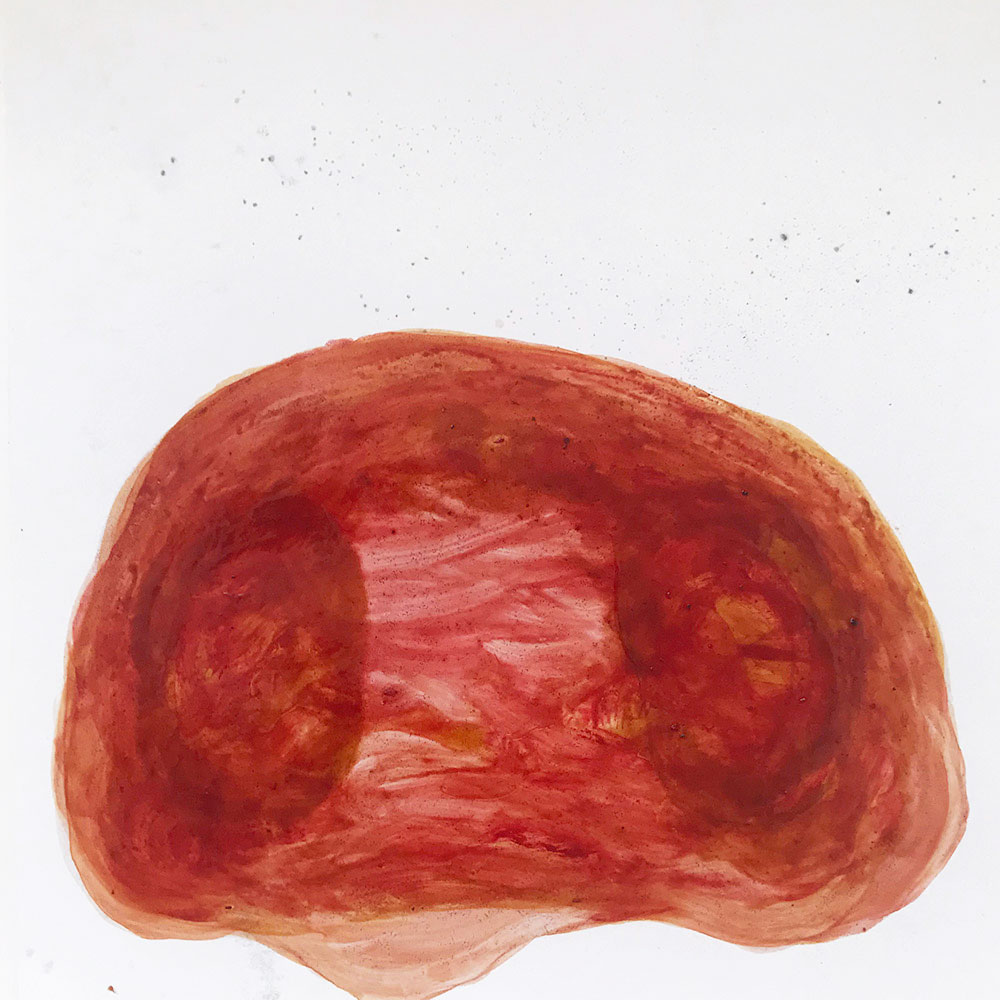 Malerei auf Monotypiedruck, 34,5 x 34,5 cm,  Klavierlack, Schellack, 2018