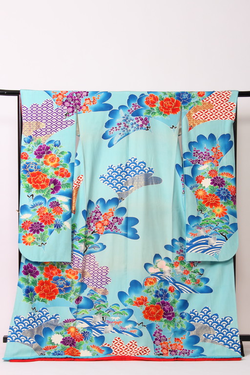 水色 花々四海波 本振袖