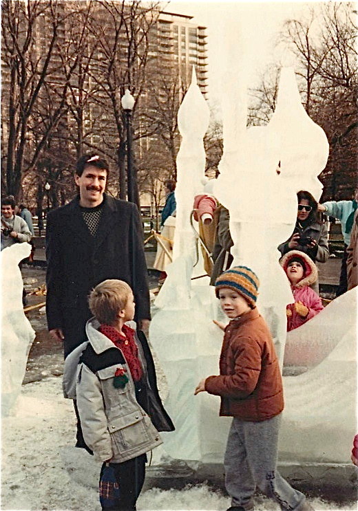 John (with mustache), Greg (in grey coat) at ice sculptures in Boston