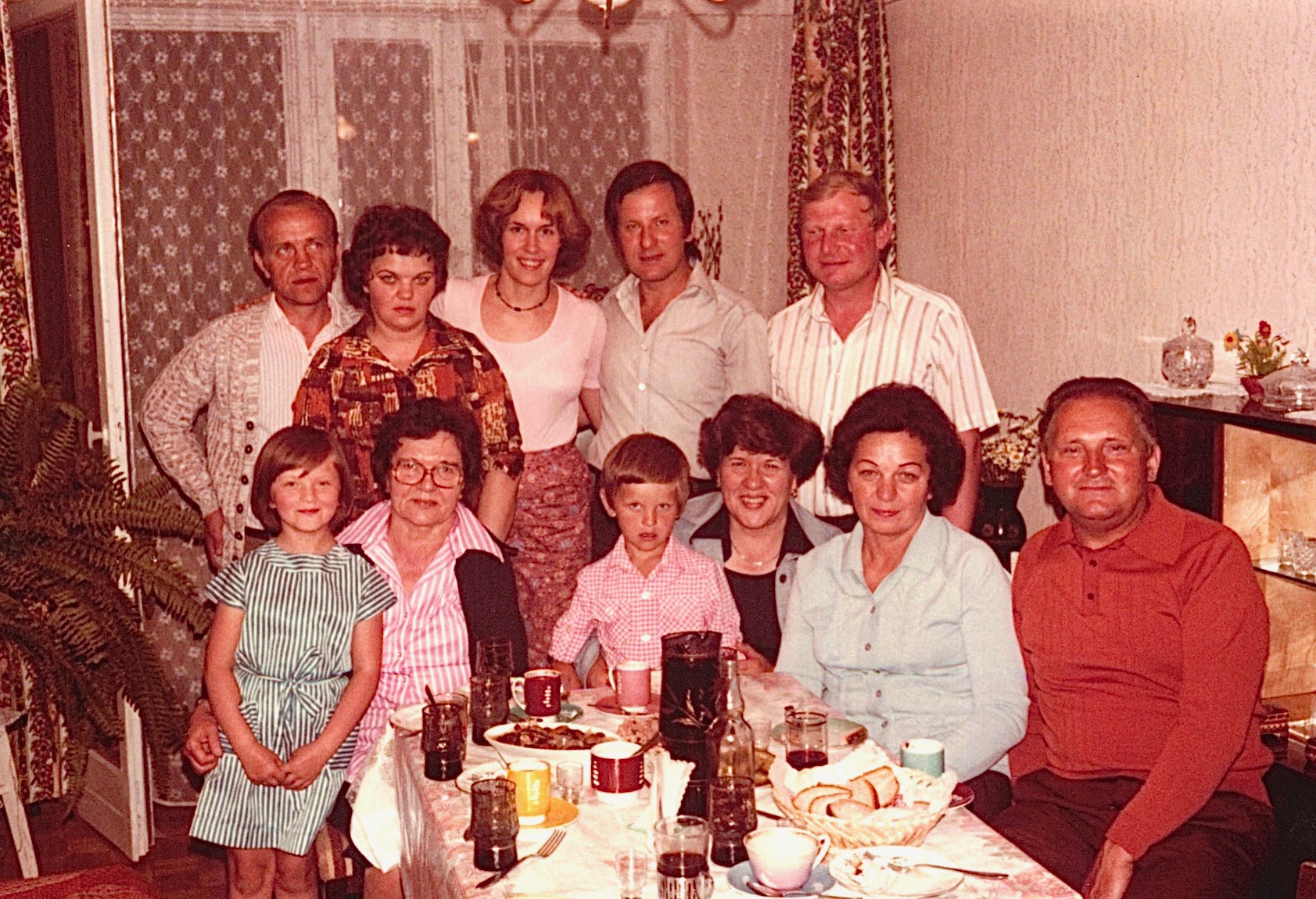 Inside Stanley Bogdan's apartment in Mielec   Back: Neighbor, Halina (Stanley's wife), Lorraine Gudas, Stanley Bogden (Walter's son), Genek   front: Margaret, Stanley's daughter, Mayme, Adam, Stanely's son, Eleanor, and Halina's (Stanley's wife) parents