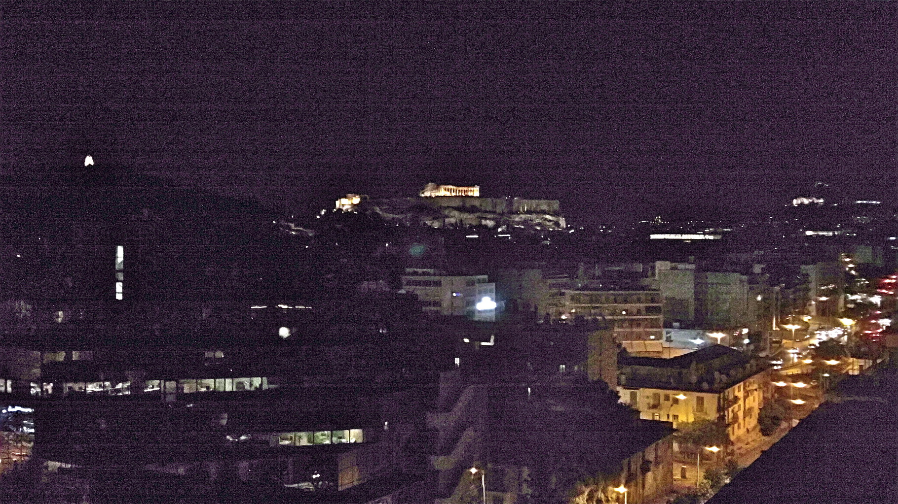 view of the Acropolis at night from our hotel, Athens