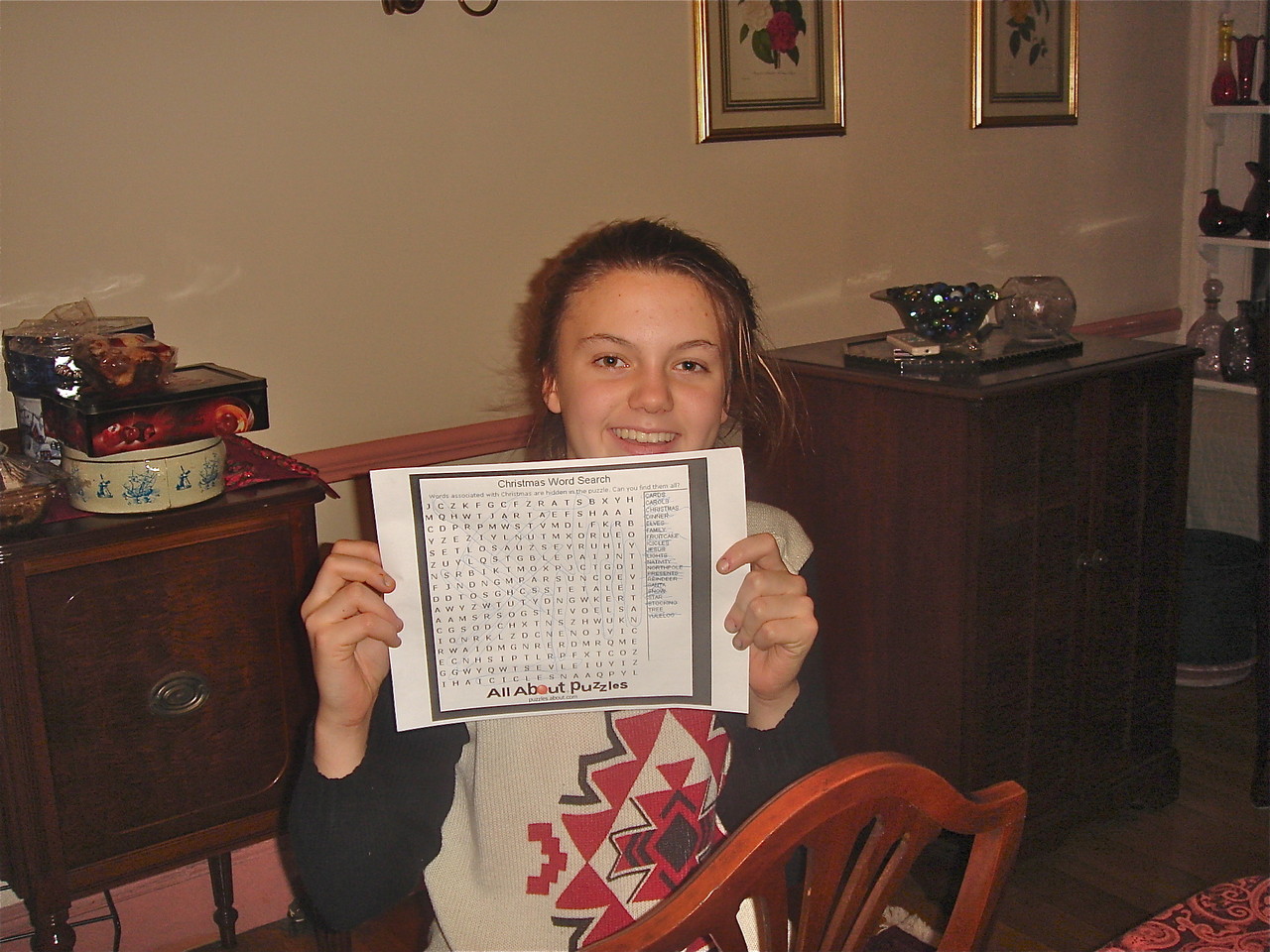 Kate wins the dinner game, Christmas Word Search!! Dec. 23, 2013