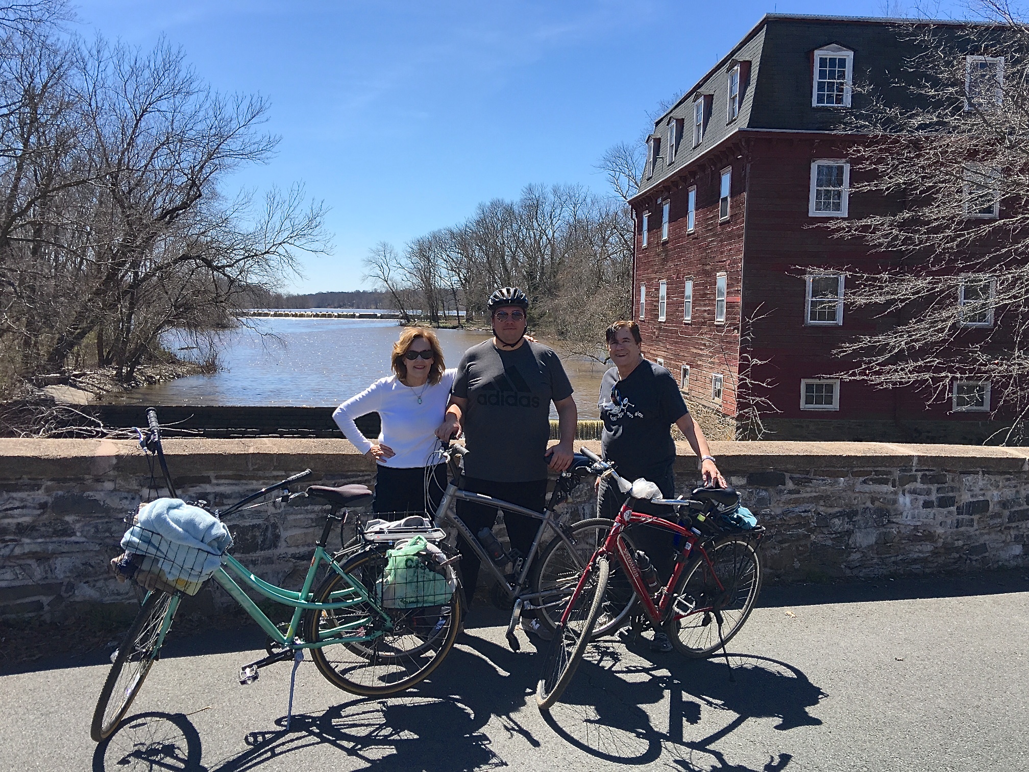 Lorraine, Greg & John biking, Carnegie Lake, Princeton NJ  spring, 2017