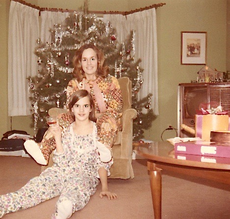 Celeste & Lorraine with new pjs, Xmas 1970