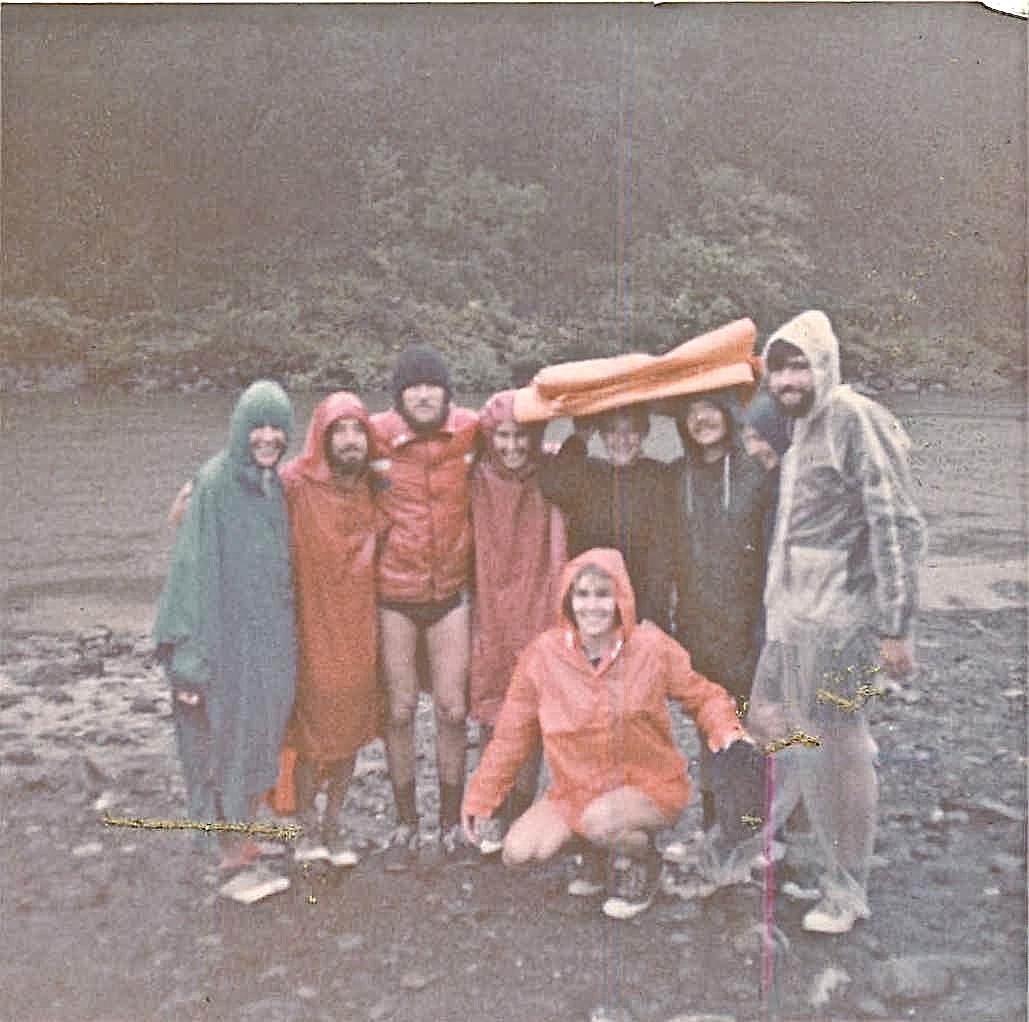 Rogue River, Oregon rafting, Sept. 1978 Janet Munson, Crispin, Reg Kelly, Suzanne Pfeffer, Joan Hooper, Steve Carlson, John Wagner. Lorraine Gudas in front...