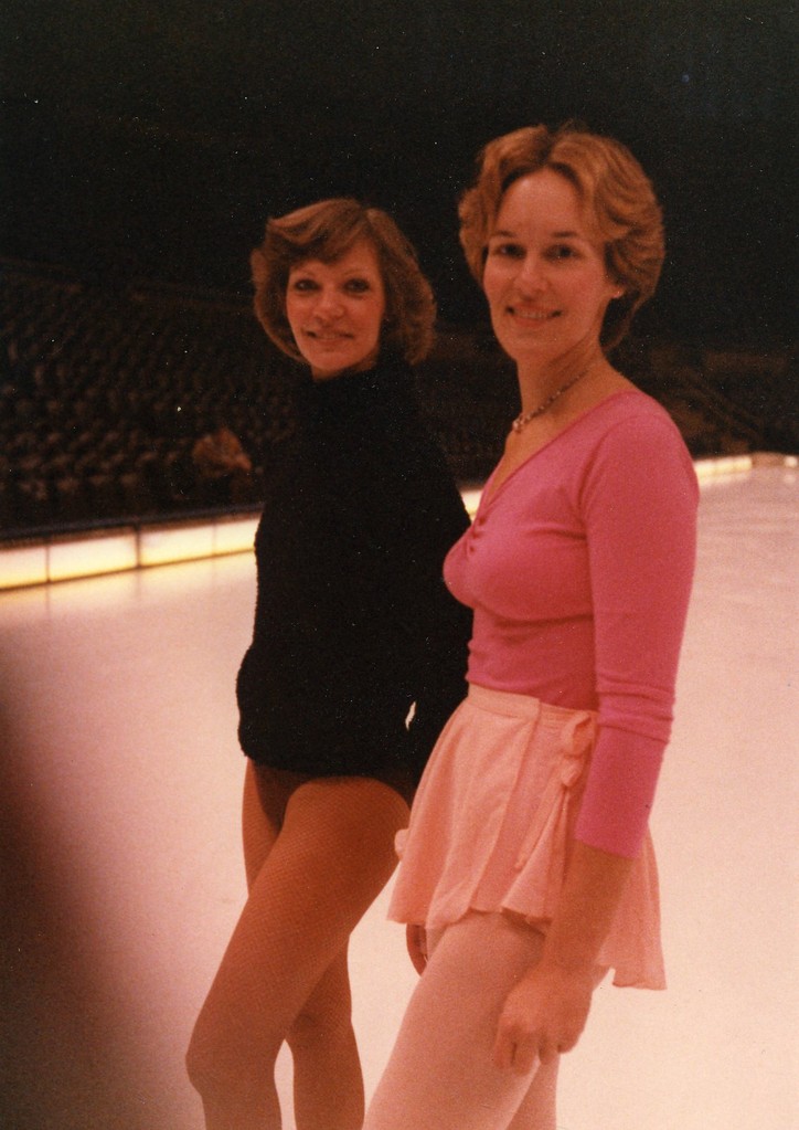 Lorraine with an Ice Capade troupe member, 1980, Oakland Coliseum; Lorraine skated with the Ice Capades for a TV skit on CBS