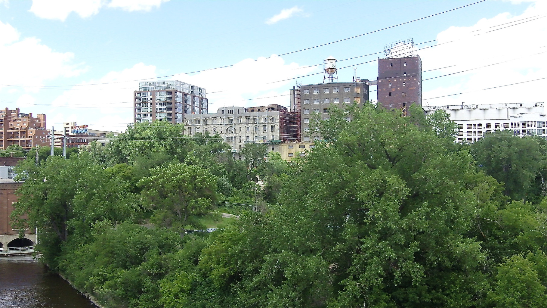 Old flour mills and industrial buildings downtown along the river