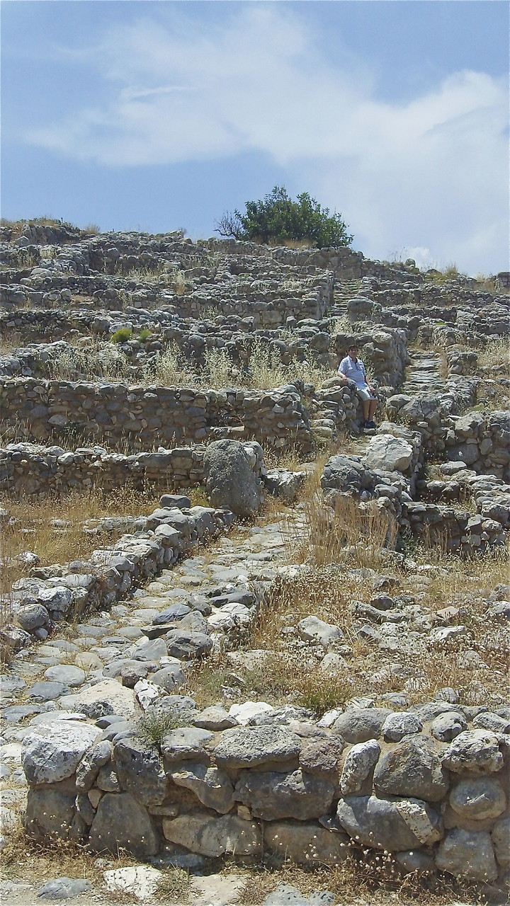 Minoan ruins, Gournia, Crete; John at steps of the town