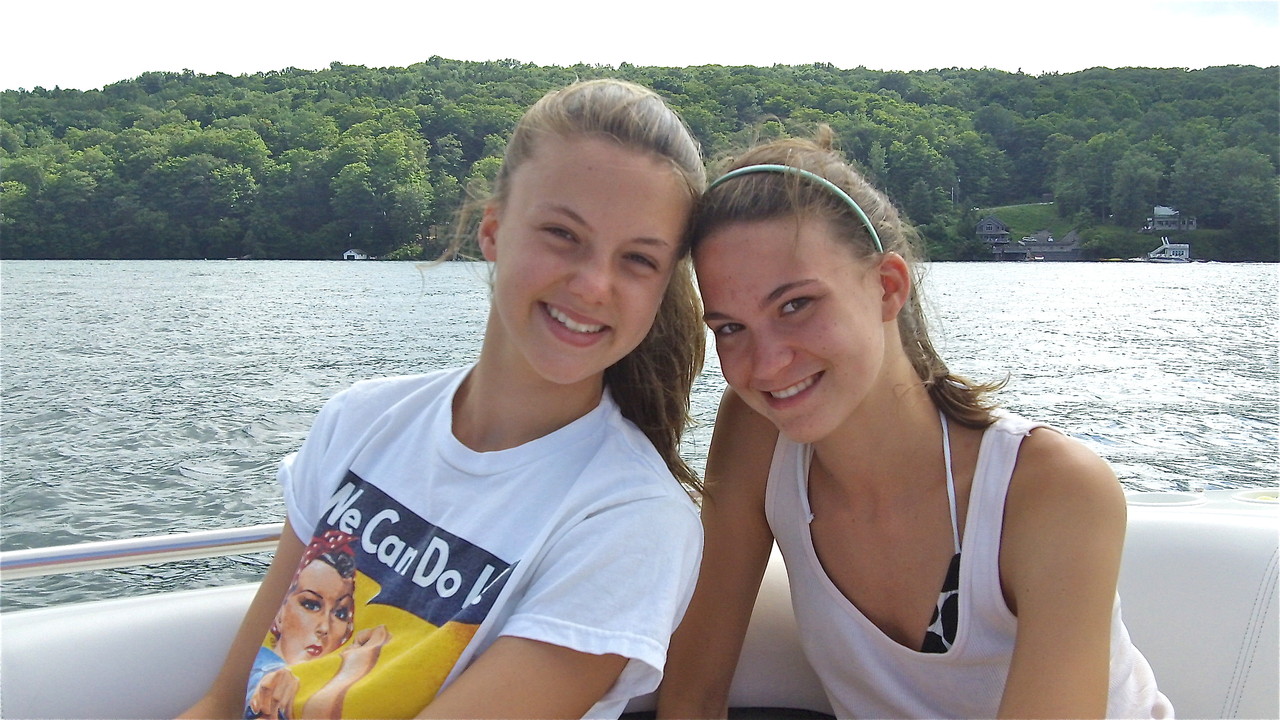 Kate and Ellie on the speedboat