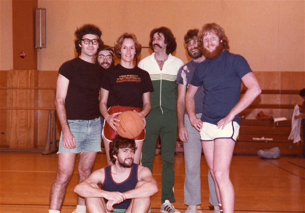 UCSF Intramural Basketball Postdoc Team, the Savage Shadows, about 1980-81 Bruce Fireman, Greg Payne, Lorraine, Gudas, George Miljanich, John Majors, Buddy Ullman; John Wagner sitting