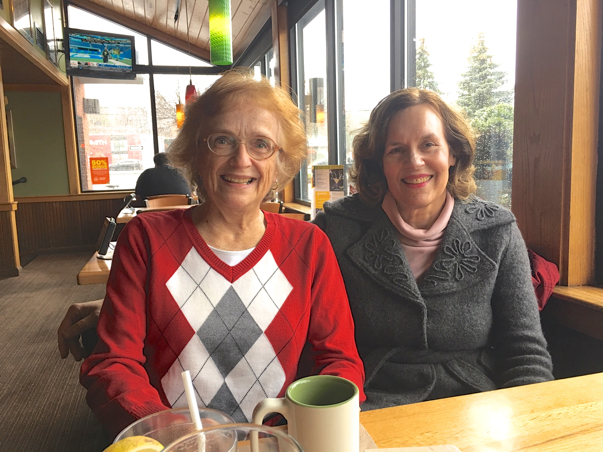 Jeanne Bednarski Sheridan & Lorraine Gudas, 4-2-18, at lunch in Syracuse, NY