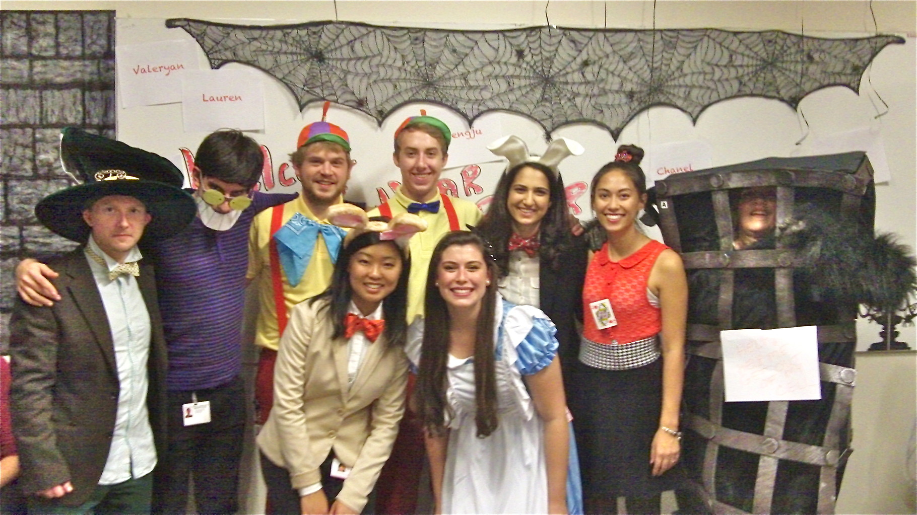 Lorraine in cage with students, Halloween, 2014