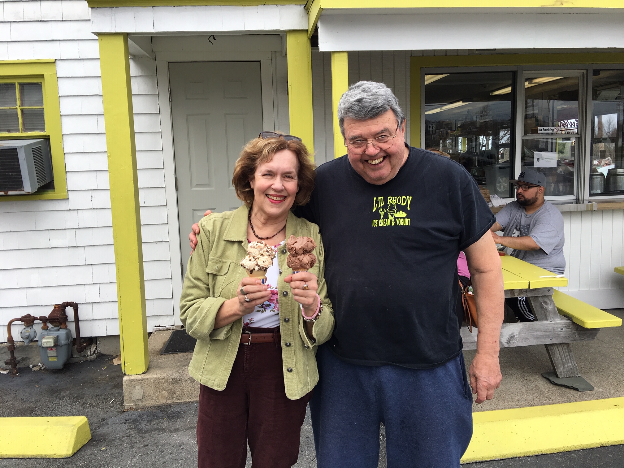 Lorraine & cousin Bill at his ice cream shop, April, 2019 RI