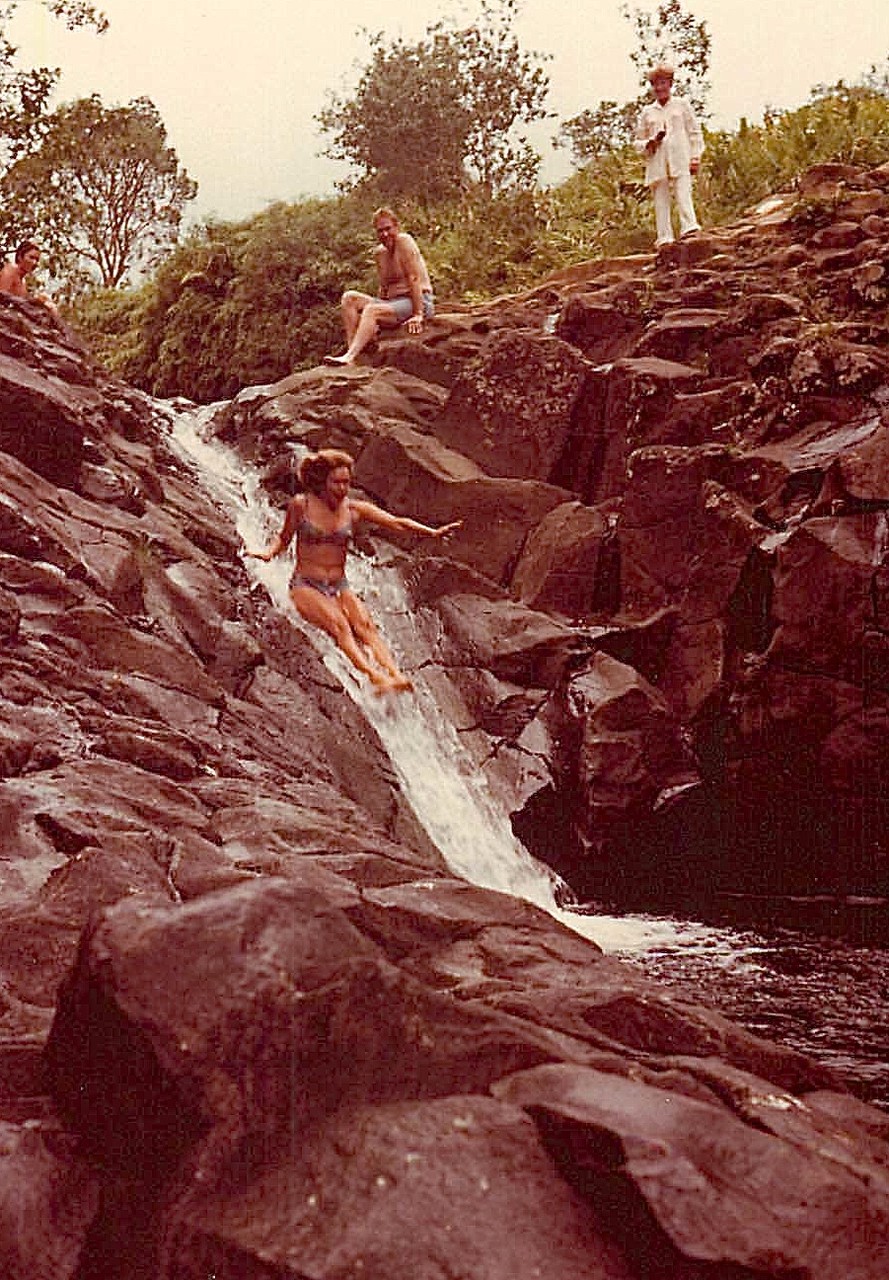 Lorraine on Wailua Slide, natural rock slide, Kauai