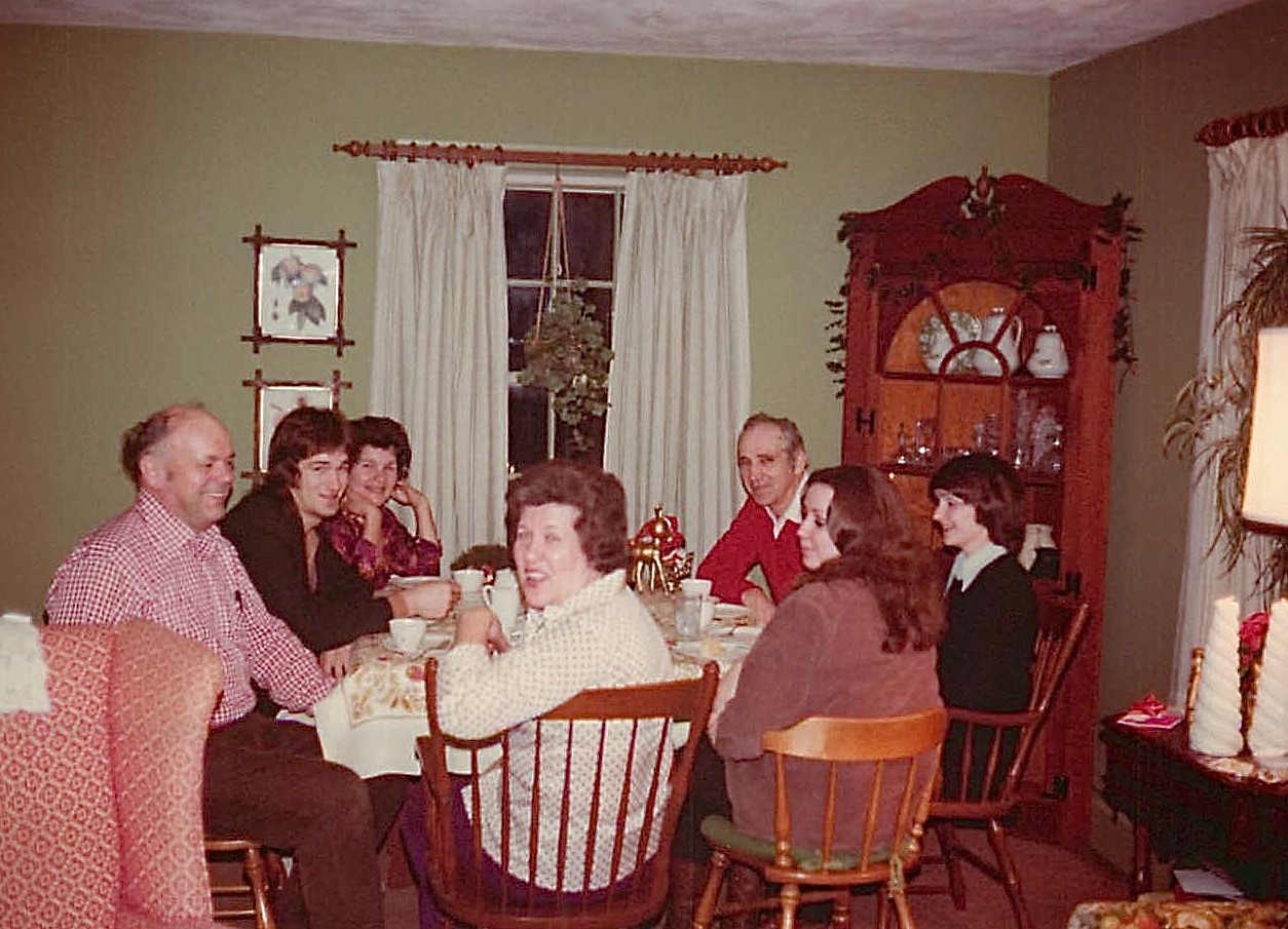 Al, Tommy, Helen, Eleanor, Andy, Marcia & Jean Bednarski Xmas at Lockwood Rd. 1976