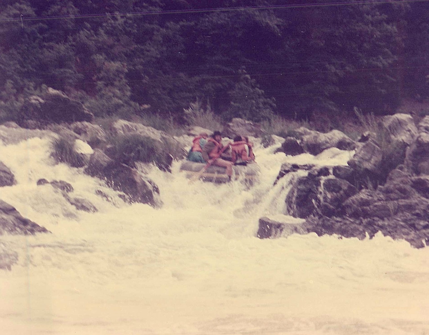 Reg Kelly, raft leader, guides his raft down backwards over Rainie Falls